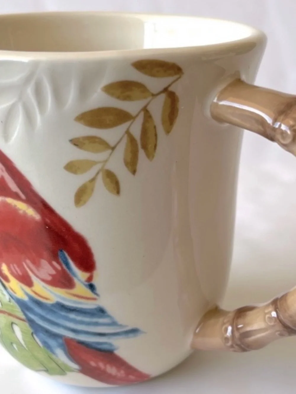 Pier 1 Vintage Red Parrot White Mug Cup Bamboo Handle 14oz